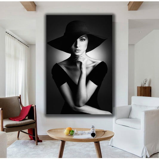 Black White Glamour Woman With Hat Wall Art