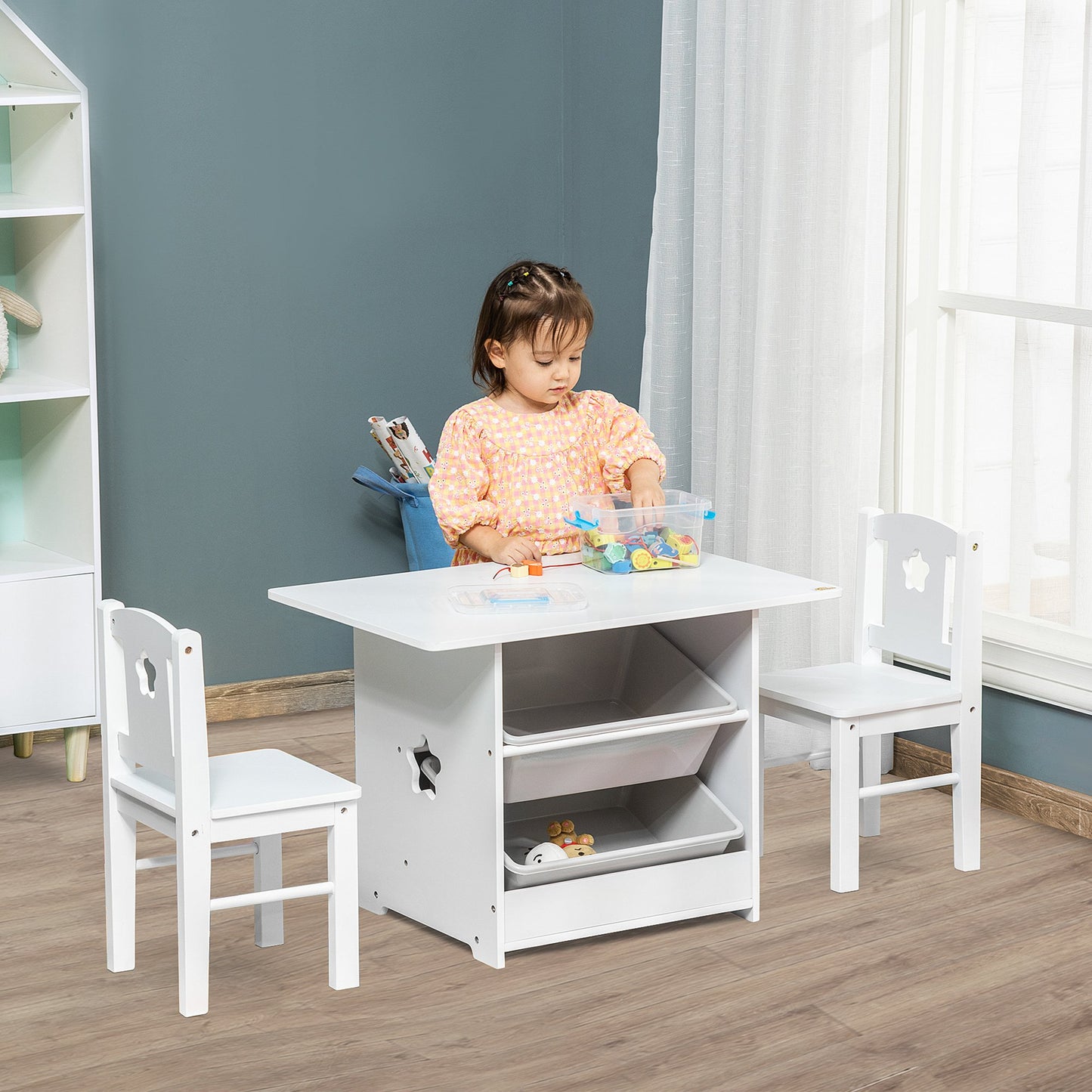 Qaba 3-Piece Kids Table and Chair Set Writing Desk with Storage Boxes