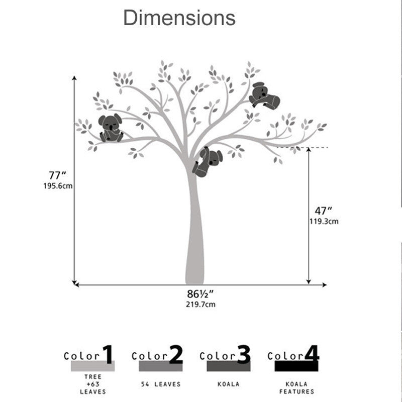 White Tree with Koala Family on Branches Wall Art Nursery.