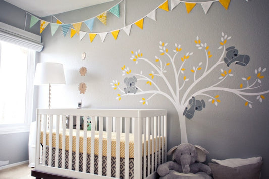 White Tree with Koala Family on Branches Wall Art Nursery.