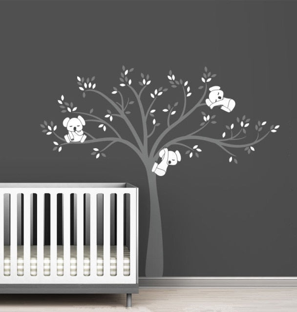 White Tree with Koala Family on Branches Wall Art Nursery.